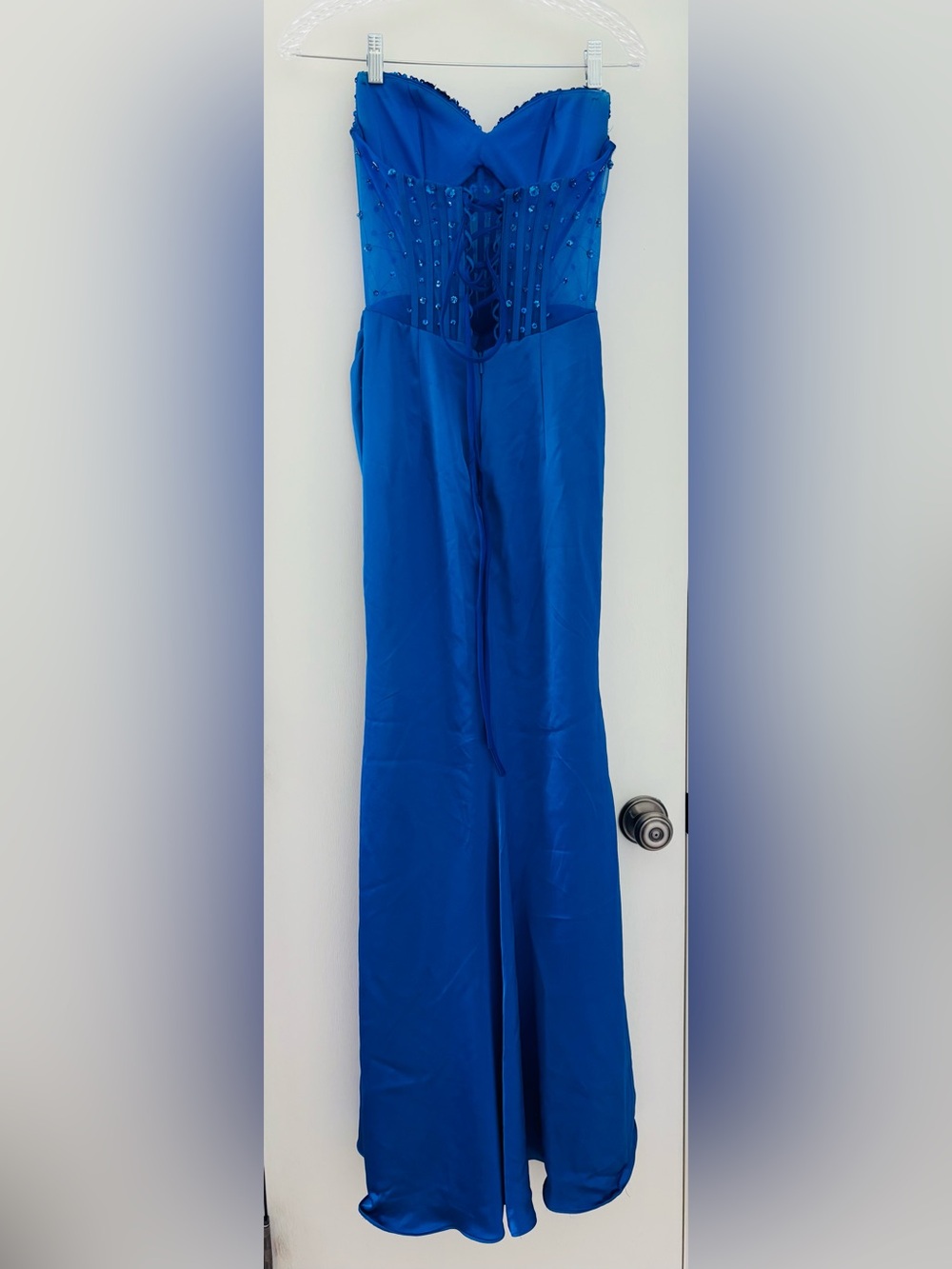 Social Strapless Sweetheart Beaded Rhinestone Corset Long Dress - Picture 8 of 8